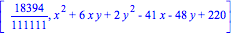 [18394/111111, x^2+6*x*y+2*y^2-41*x-48*y+220]